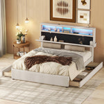 Upholstered Double Bed with USB Charging, LED Lighting and 4 Drawers, Beige
