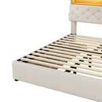 Upholstered Double Bed with USB Charging, LED Lighting and 4 Drawers, Beige
