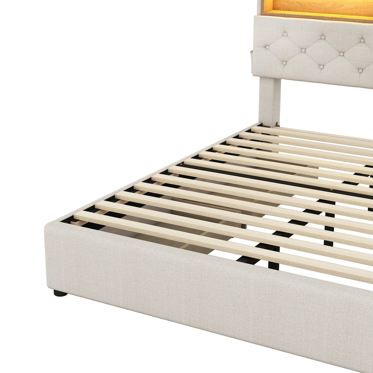 Upholstered Double Bed with USB Charging, LED Lighting and 4 Drawers, Beige