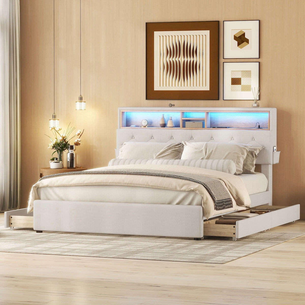 Upholstered Double Bed with USB Charging, LED Lighting and 4 Drawers, Beige