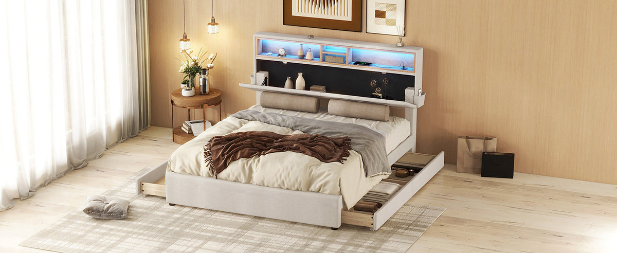 Upholstered Double Bed with USB Charging, LED Lighting and 4 Drawers, Beige