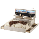 Upholstered Double Bed with USB Charging, LED Lighting and 4 Drawers, Beige