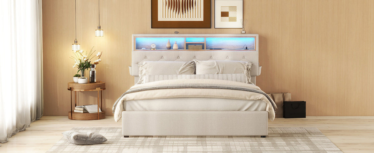 Upholstered Double Bed with USB Charging, LED Lighting and 4 Drawers, Beige