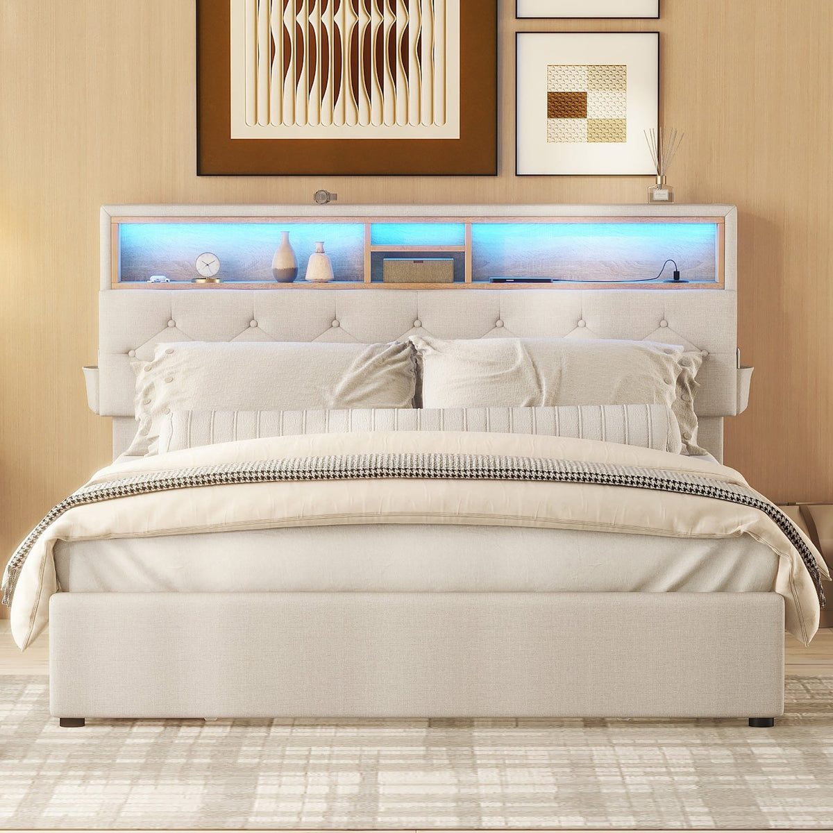 Upholstered Double Bed with USB Charging, LED Lighting and 4 Drawers, Beige