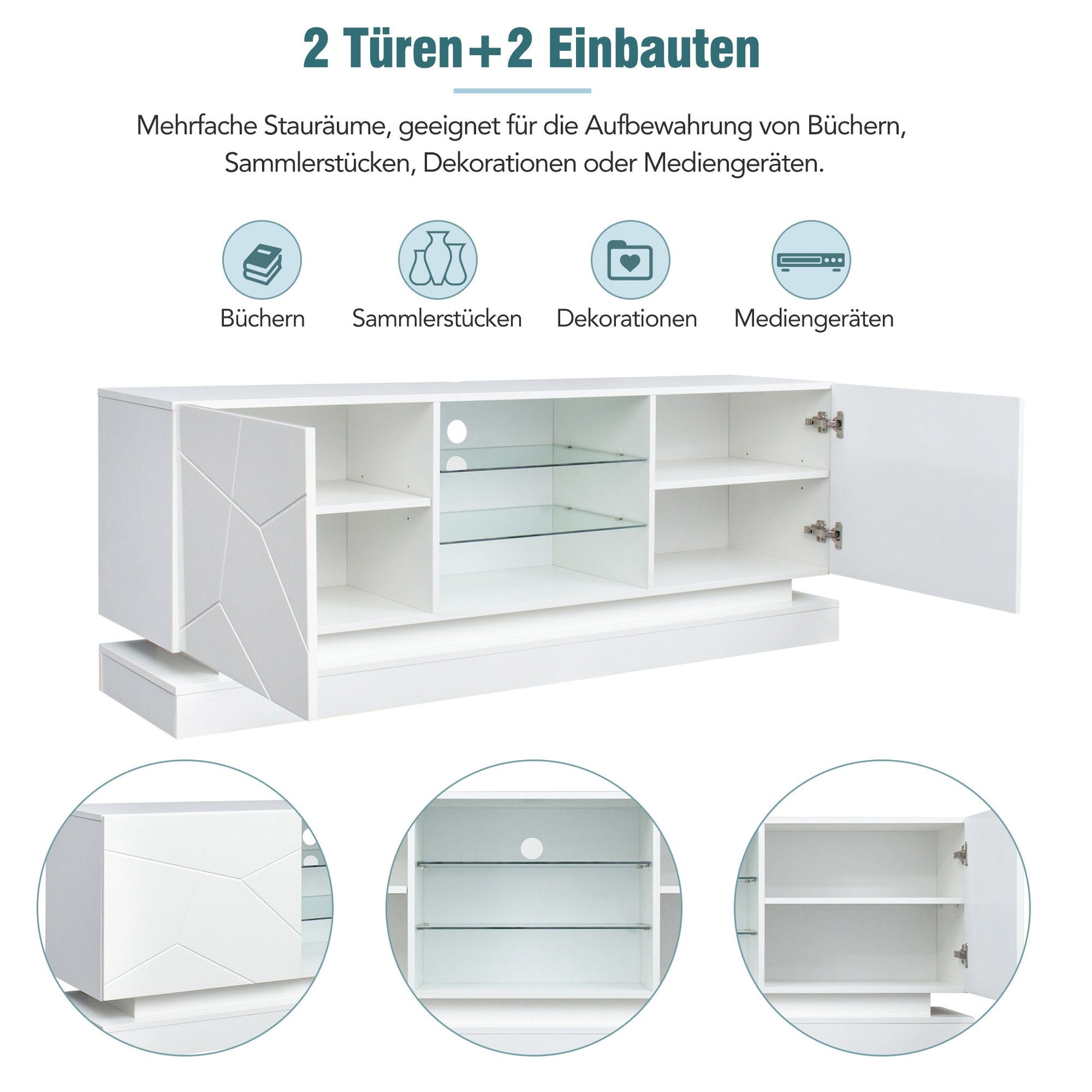 TV Stand, Frosted White, 1.6m, Adjustable Glass Shelf, 70-inch Space