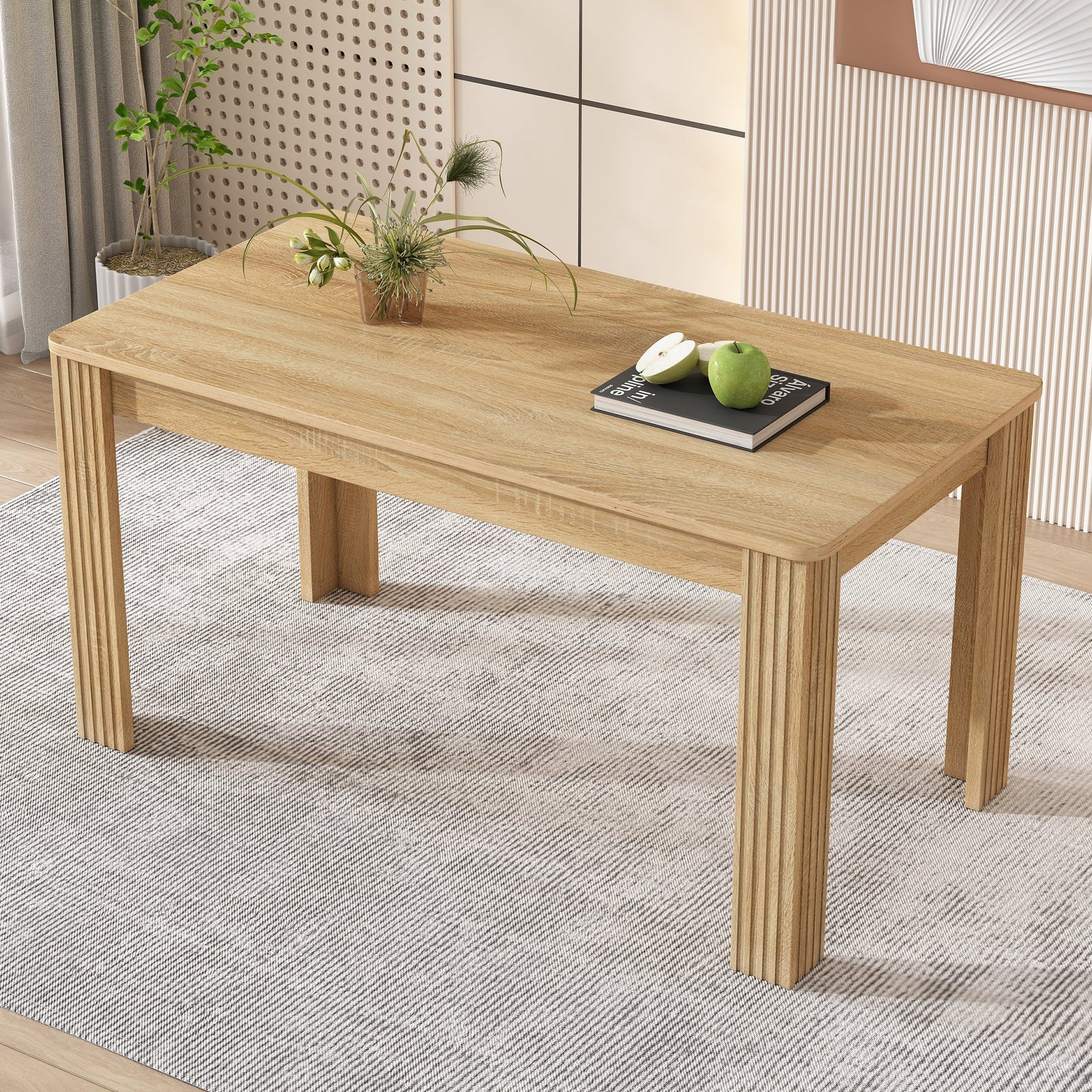 Contemporary Dining Table, Rectangular 4-Leg Sturdy Coffee and Leisure Table, Oak Wood