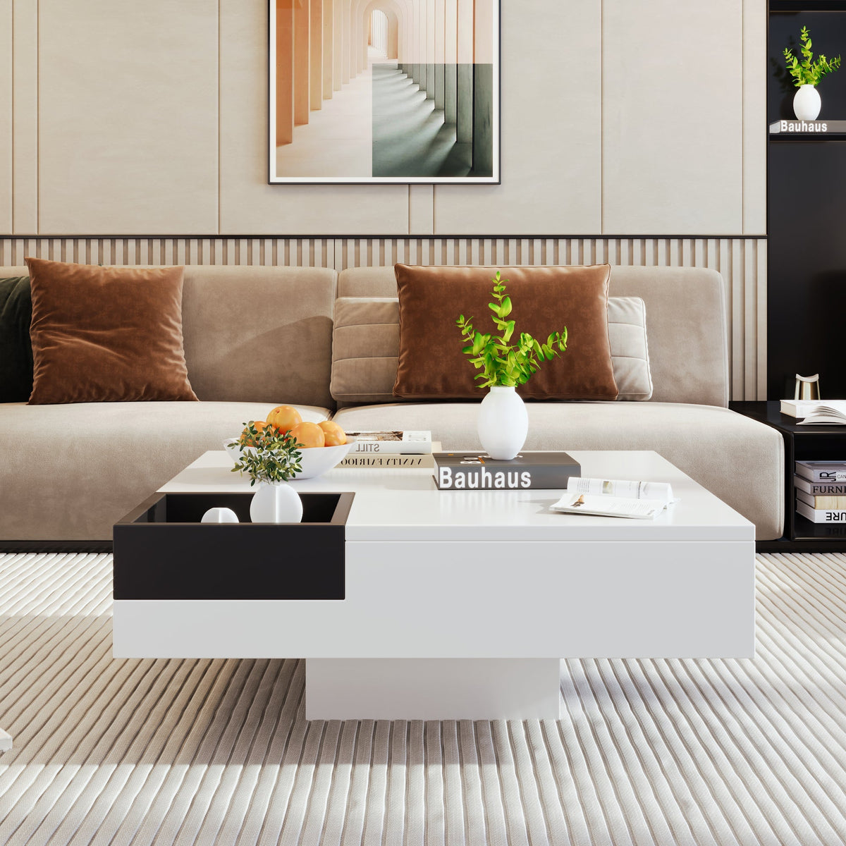 Coffee Table, High-Gloss with Removable Storage Box and LED Light Effect, White and Black