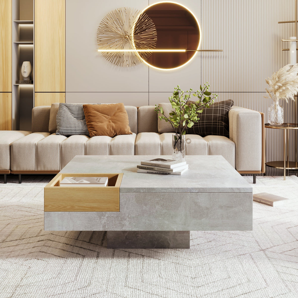 Coffee Table with Removable Storage Box, Concrete Gray and Wood