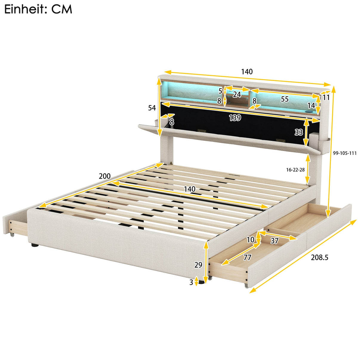 Upholstered Double Bed with USB Charging, LED Lighting and 4 Drawers, Beige