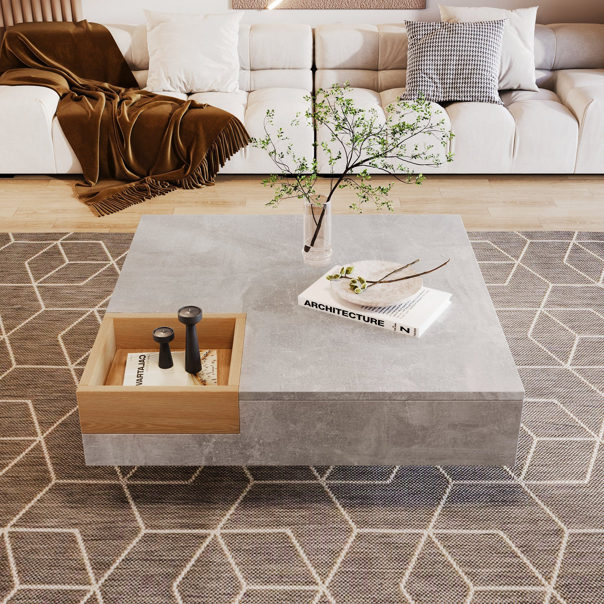 Coffee Table with Removable Storage Box, Concrete Gray and Wood