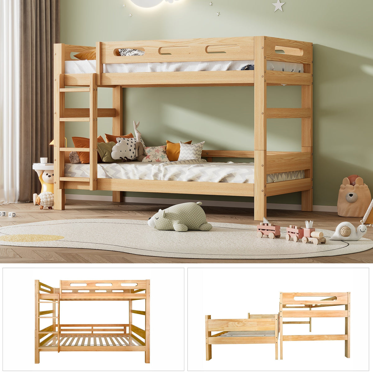 Bunk Bed 90x200cm Divisible 2 Single Beds Sturdy Pine Frame, Natural