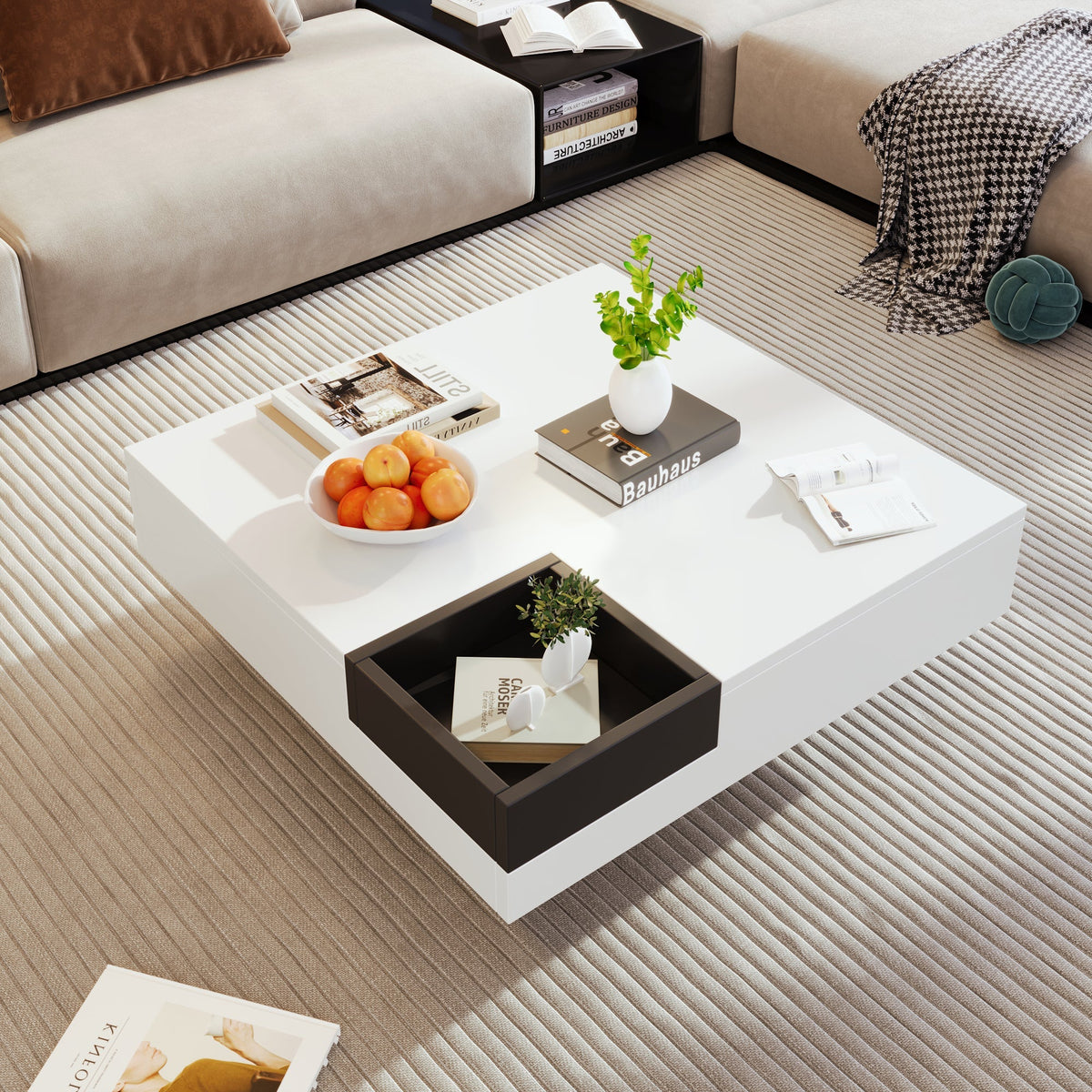 Coffee Table, High-Gloss with Removable Storage Box and LED Light Effect, White and Black