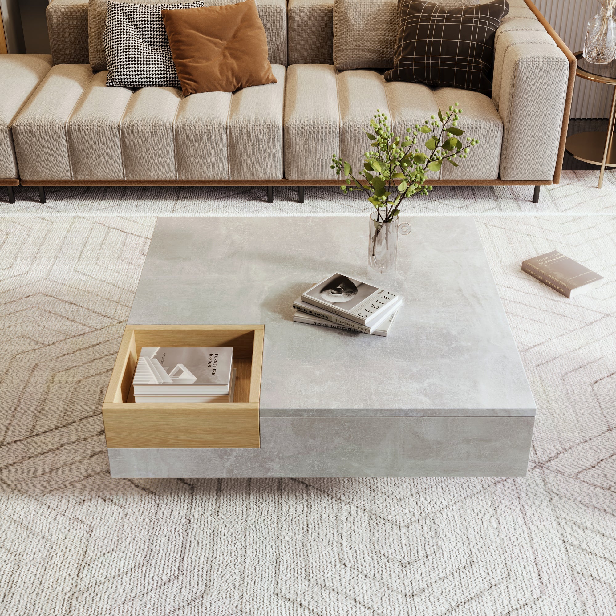 Coffee Table with Removable Storage Box, Concrete Gray and Wood