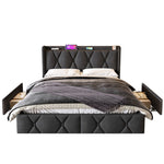 Upholstered Bed with USB Headboard & 4 Drawers, 140x200cm Storage, Wood Slatted Frame, Gray