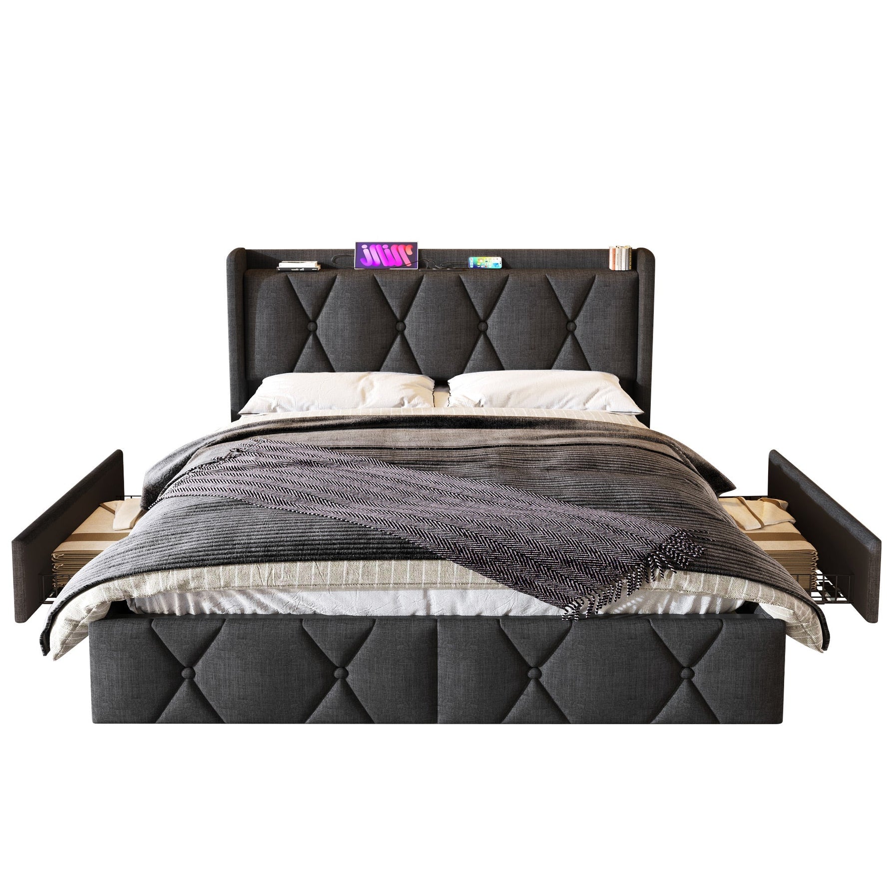 Upholstered Bed with USB Headboard & 4 Drawers, 140x200cm Storage, Wood Slatted Frame, Gray