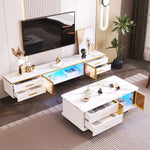 Coffee Table, TV Cabinet, Modular Living Room Furniture with Tempered Glass Door, Aluminum Alloy Frame, Wave Texture Drawers, Gold Handles and Legs, Marble Texture Tabletop