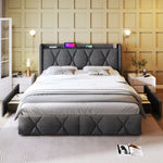 Upholstered Bed with USB Headboard & 4 Drawers, 140x200cm Storage, Wood Slatted Frame, Gray