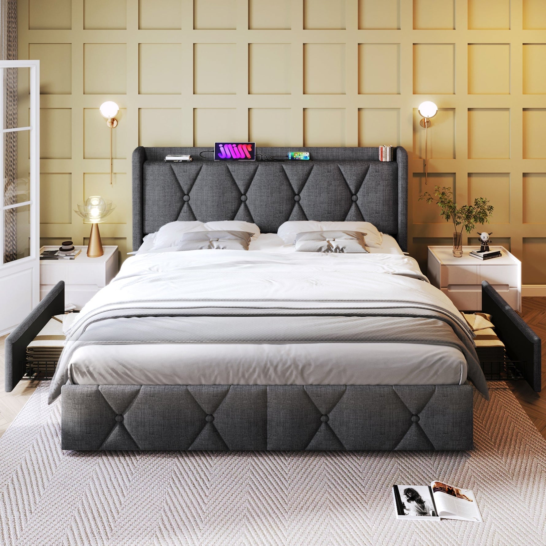 Upholstered Bed with USB Headboard & 4 Drawers, 140x200cm Storage, Wood Slatted Frame, Gray