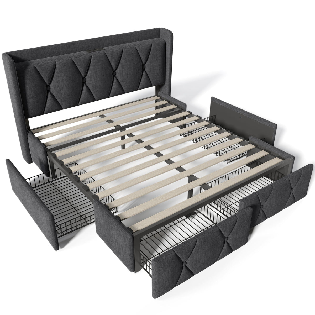 AB20485152G Upholstered Bed with USB Charging, 4 Drawers and Slatted Base, 160x200cm, Grey Linen