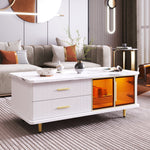 Coffee Table, TV Cabinet, Modular Living Room Furniture with Tempered Glass Door, Aluminum Alloy Frame, Wave Texture Drawers, Gold Handles and Legs, Marble Texture Tabletop