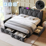 Upholstered Bed with USB Charging Headboard, 4 Drawers, 140x200cm, Gray