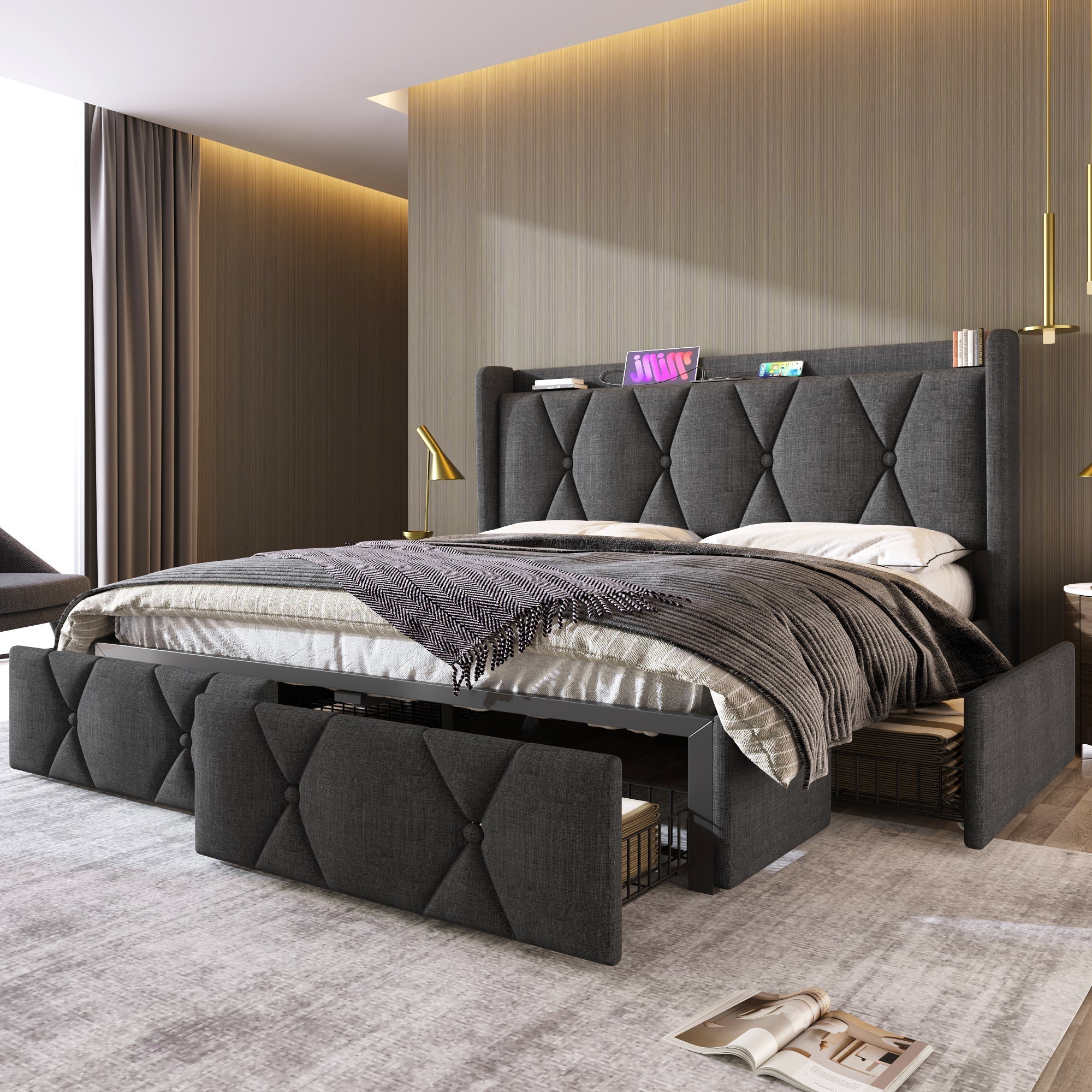 Upholstered Bed with USB Charging Headboard, 4 Drawers, 140x200cm, Gray