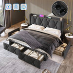 Upholstered Bed with USB Charging Headboard, 4 Drawers, 140x200cm, Gray