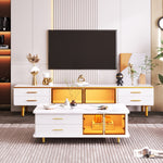 Coffee Table, TV Cabinet, Modular Living Room Furniture with Tempered Glass Door, Aluminum Alloy Frame, Wave Texture Drawers, Gold Handles and Legs, Marble Texture Tabletop