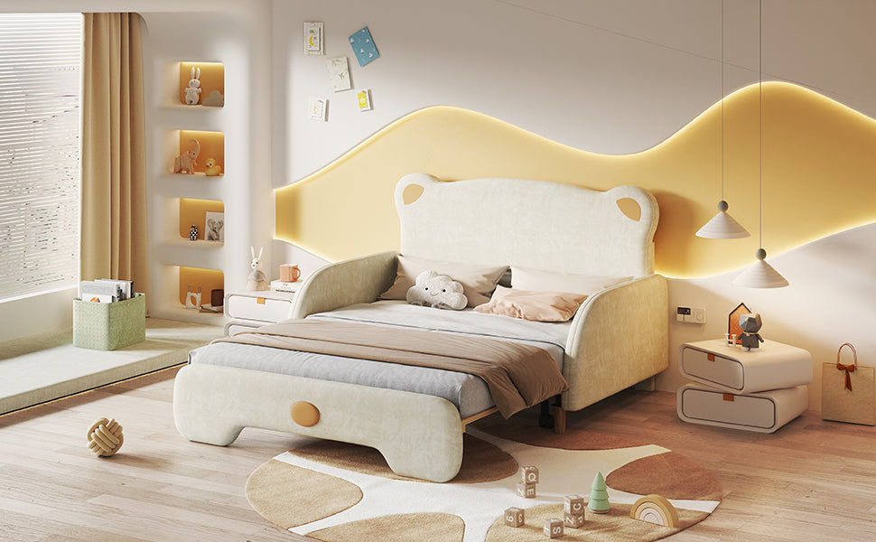 Bear Double Bed, Upholstered Children's Day Pull-out Bed, Velvet Beige