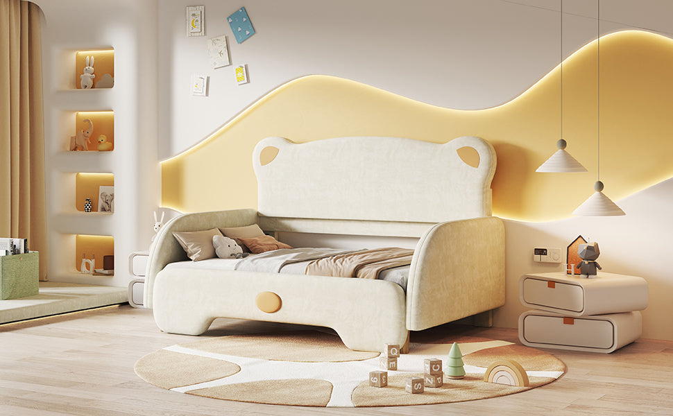 Bear Double Bed, Upholstered Children's Day Pull-out Bed, Velvet Beige