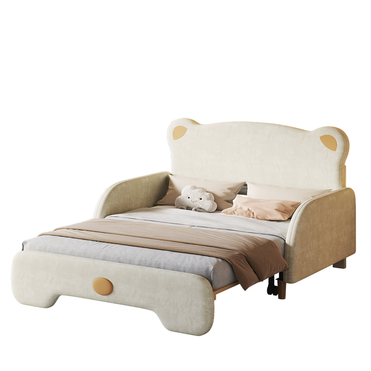 Bear Double Bed, Upholstered Children's Day Pull-out Bed, Velvet Beige