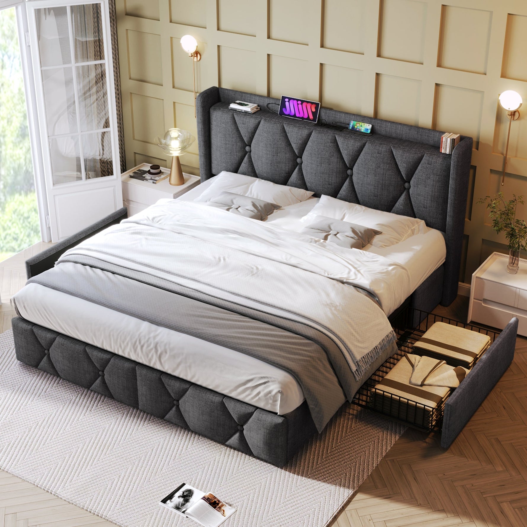 Upholstered Bed with USB Headboard & 4 Drawers, 140x200cm Storage, Wood Slatted Frame, Gray