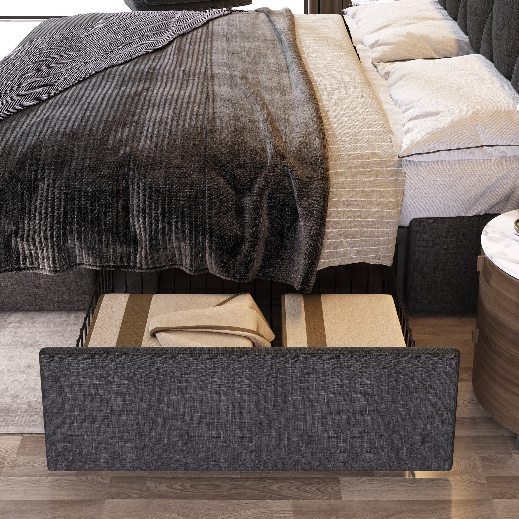 Upholstered Bed with USB Headboard & 4 Drawers, 140x200cm Storage, Wood Slatted Frame, Gray