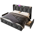 Upholstered Bed with USB Headboard & 4 Drawers, 140x200cm Storage, Wood Slatted Frame, Gray