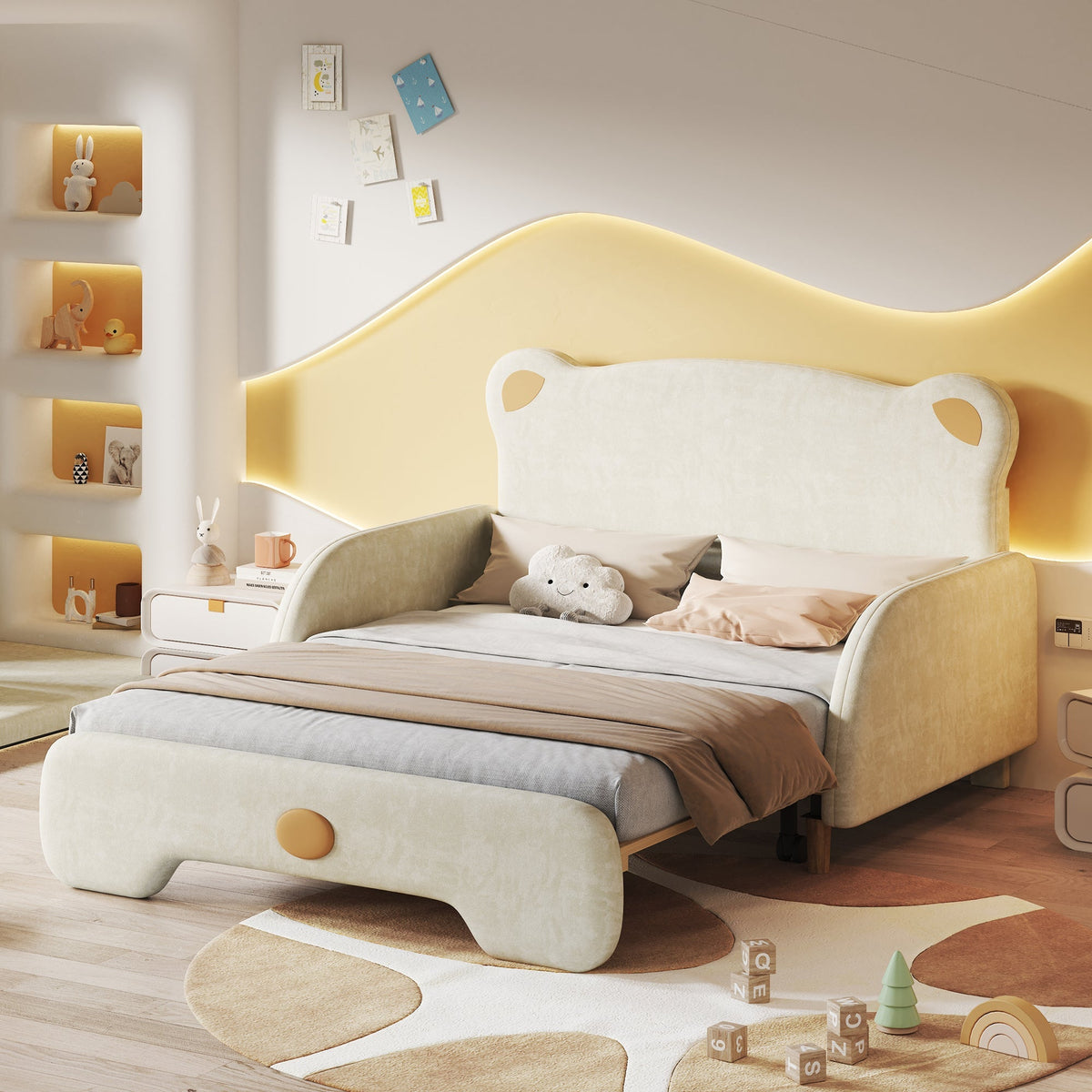 Bear Double Bed, Upholstered Children's Day Pull-out Bed, Velvet Beige