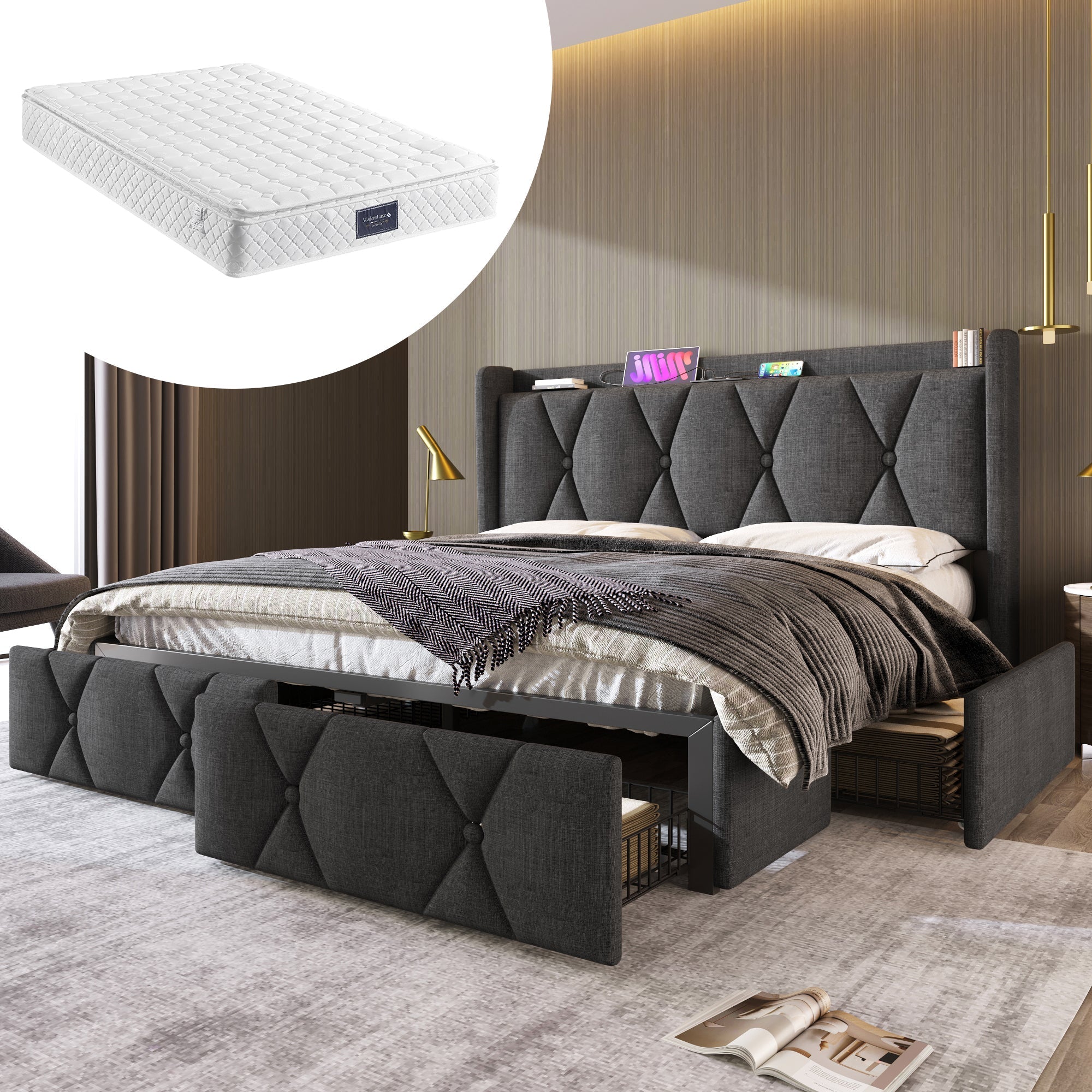 Upholstered Bed with USB Headboard & 4 Drawers, 140x200cm Storage, Wood Slatted Frame, Gray