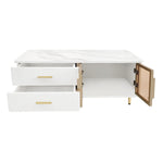 Coffee Table with Tempered Glass Door, Wave-Textured Drawers, Gold Handles, Marble Top