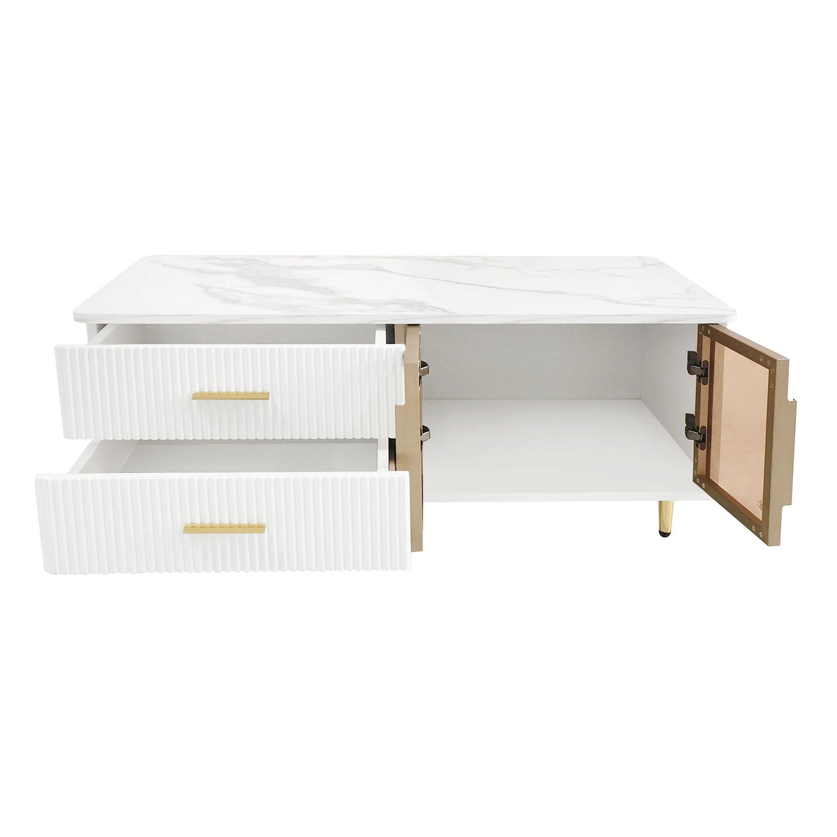 Coffee Table with Tempered Glass Door, Wave-Textured Drawers, Gold Handles, Marble Top