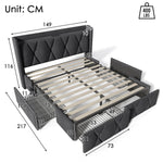 Upholstered Bed with USB Headboard & 4 Drawers, 140x200cm Storage, Wood Slatted Frame, Gray