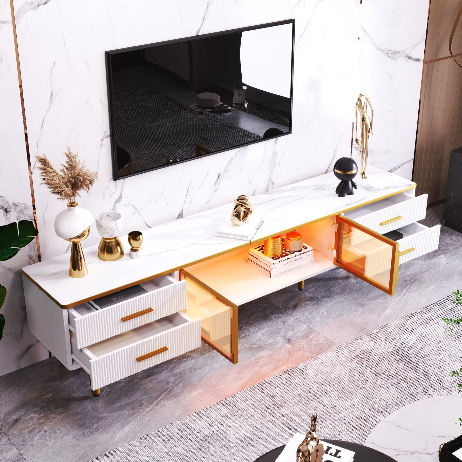 Coffee Table, TV Cabinet, Modular Living Room Furniture with Tempered Glass Door, Aluminum Alloy Frame, Wave Texture Drawers, Gold Handles and Legs, Marble Texture Tabletop