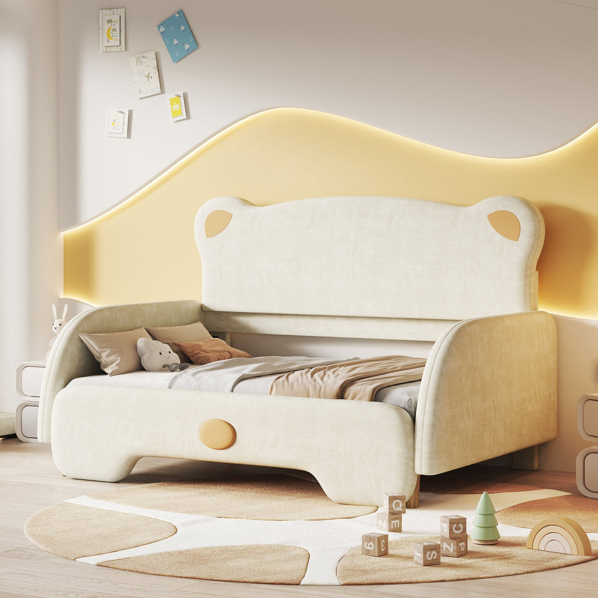 Bear Double Bed, Upholstered Children's Day Pull-out Bed, Velvet Beige