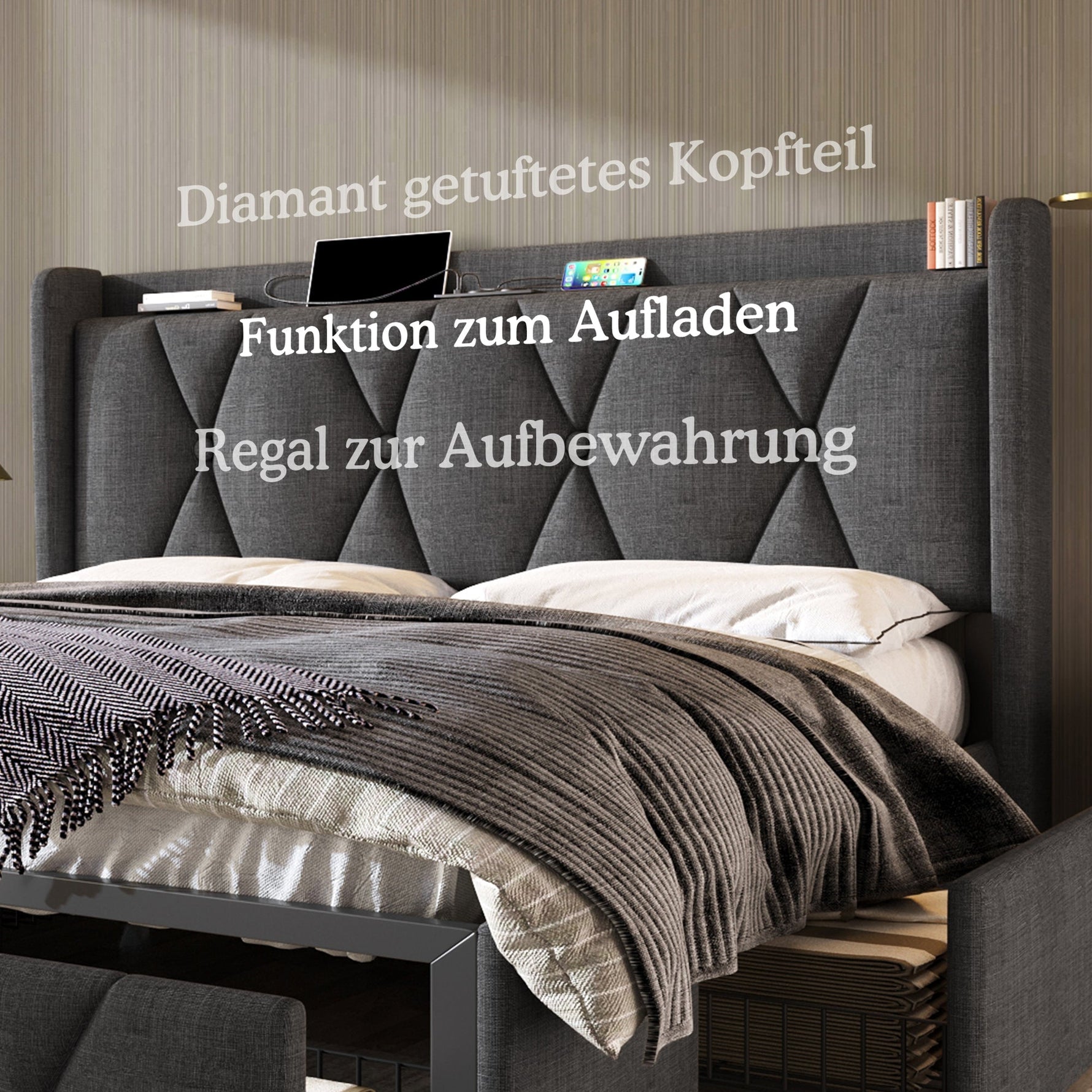 Upholstered Bed with USB Headboard & 4 Drawers, 140x200cm Storage, Wood Slatted Frame, Gray