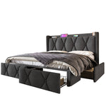 Upholstered Bed with USB Headboard & 4 Drawers, 140x200cm Storage, Wood Slatted Frame, Gray