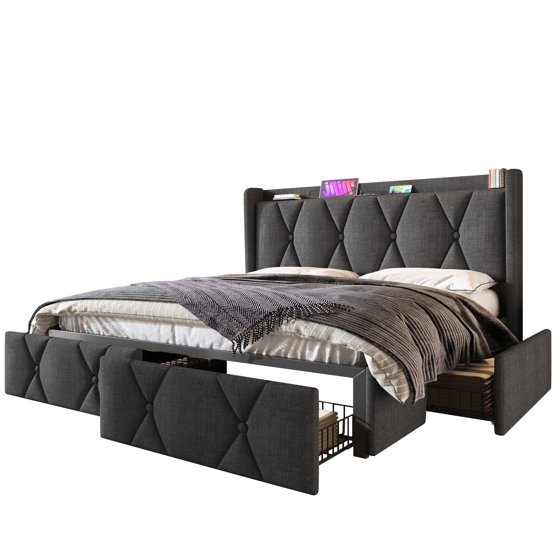 Upholstered Bed with USB Headboard & 4 Drawers, 140x200cm Storage, Wood Slatted Frame, Gray