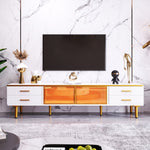 Coffee Table, TV Cabinet, Modular Living Room Furniture with Tempered Glass Door, Aluminum Alloy Frame, Wave Texture Drawers, Gold Handles and Legs, Marble Texture Tabletop