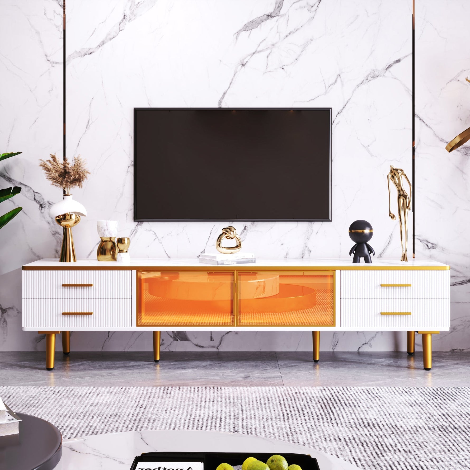Coffee Table, TV Cabinet, Modular Living Room Furniture with Tempered Glass Door, Aluminum Alloy Frame, Wave Texture Drawers, Gold Handles and Legs, Marble Texture Tabletop