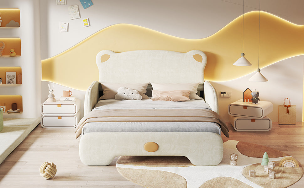 Bear Double Bed, Upholstered Children's Day Pull-out Bed, Velvet Beige