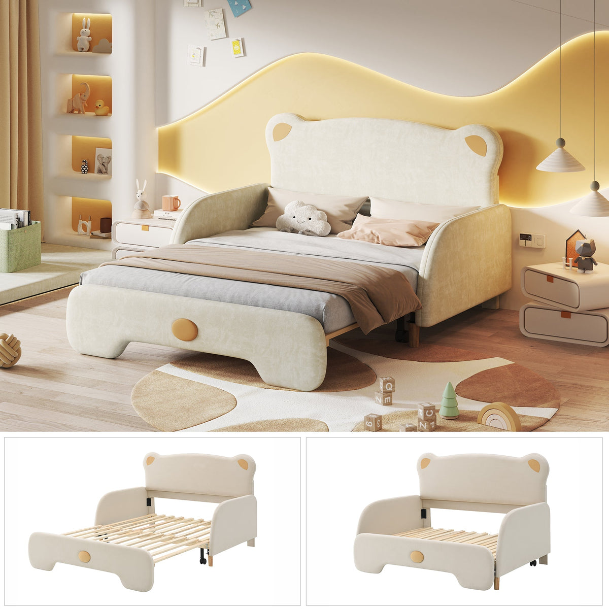Bear Double Bed, Upholstered Children's Day Pull-out Bed, Velvet Beige