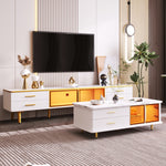 Coffee Table, TV Cabinet, Modular Living Room Furniture with Tempered Glass Door, Aluminum Alloy Frame, Wave Texture Drawers, Gold Handles and Legs, Marble Texture Tabletop