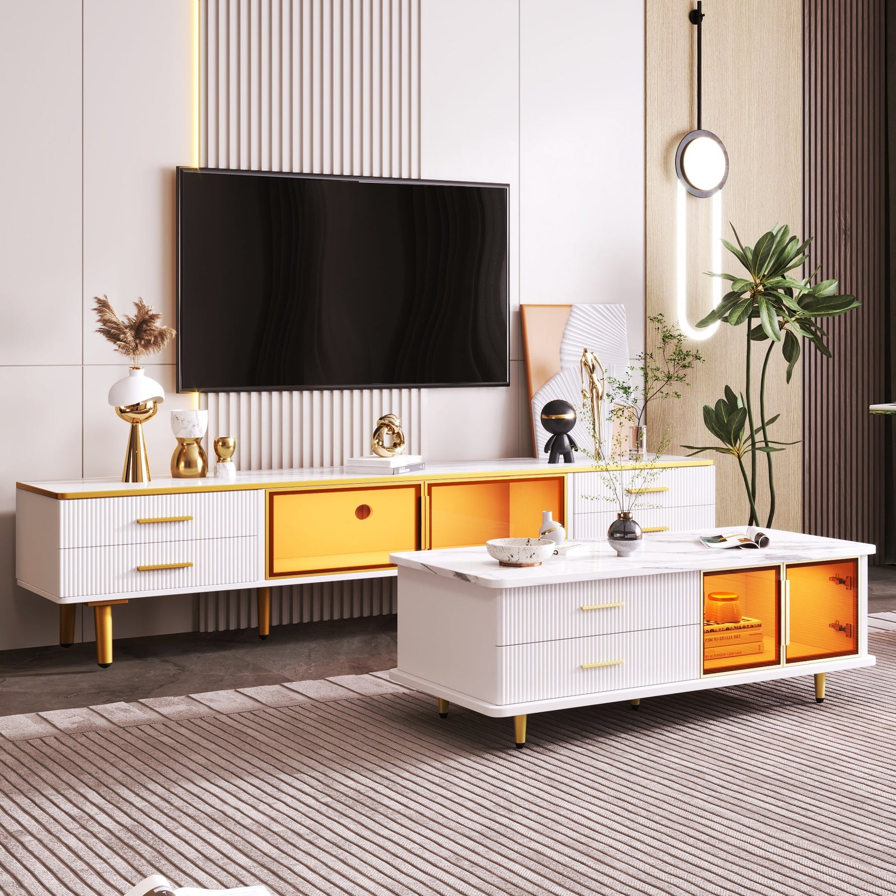 Coffee Table, TV Cabinet, Modular Living Room Furniture with Tempered Glass Door, Aluminum Alloy Frame, Wave Texture Drawers, Gold Handles and Legs, Marble Texture Tabletop